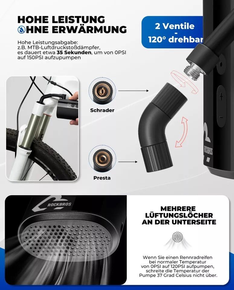 ROCKBROS cyklistická pumpa přenosná pumpa elektrická vzduchová pumpa 5000mAh 150PSI 380g