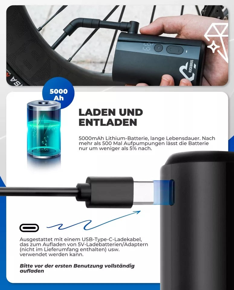 ROCKBROS cyklistická pumpa přenosná pumpa elektrická vzduchová pumpa 5000mAh 150PSI 380g