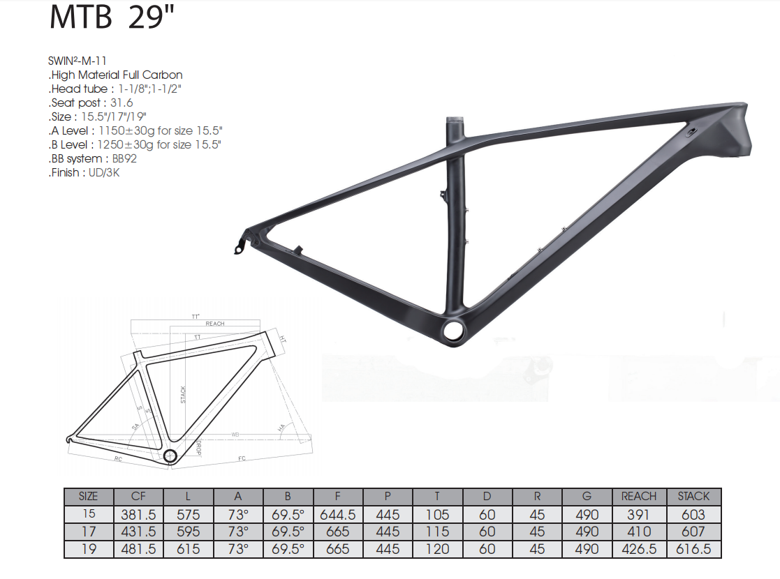 Karbonový rám kola RINOS T800 pro MTB hardtail odlehčený