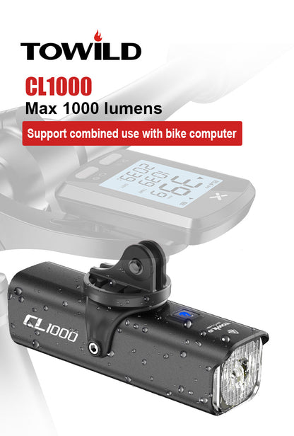 Světlo na kolo TOWILD CL1000 pro noční ježdění Kompatibilní s držákem Garmin/GoPro Mount 1000 Lumen Bright Cycle Light 4000mAh Baterie Vodotěsné světlo na kolo pro dojíždějící