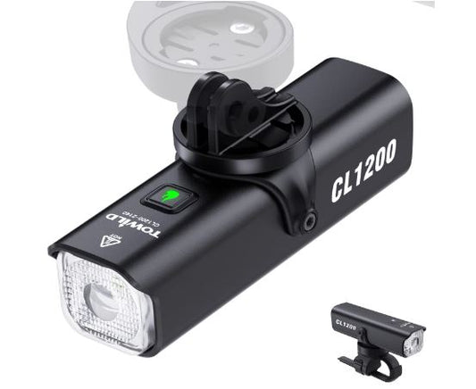 Noční světlo na kolo TOWILD CL1200 kompatibilní s držákem Garmin/GoPro jasné světlo na kolo 1200 lumenů baterie 4000 mAh vodotěsné světlo na kolo pro dojíždějící
