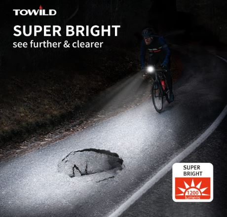 Noční světlo na kolo TOWILD CL1200 kompatibilní s držákem Garmin/GoPro jasné světlo na kolo 1200 lumenů baterie 4000 mAh vodotěsné světlo na kolo pro dojíždějící