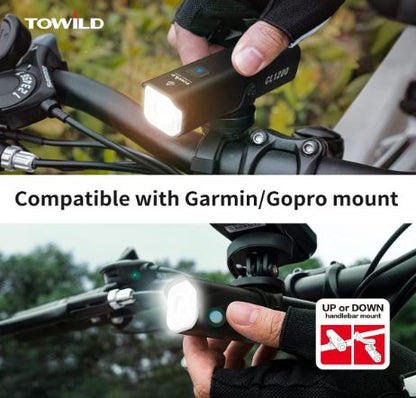 Noční světlo na kolo TOWILD CL1200 kompatibilní s držákem Garmin/GoPro jasné světlo na kolo 1200 lumenů baterie 4000 mAh vodotěsné světlo na kolo pro dojíždějící
