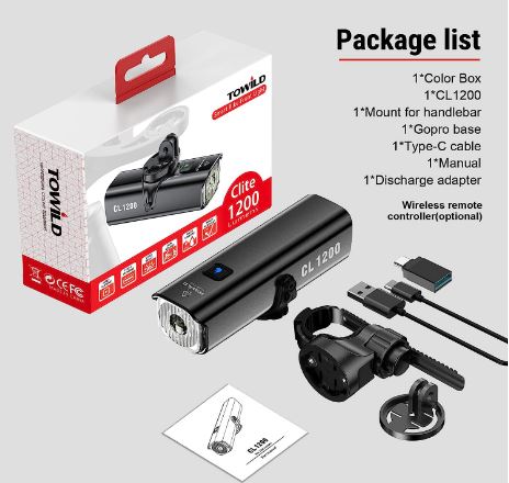 Noční světlo na kolo TOWILD CL1200 kompatibilní s držákem Garmin/GoPro jasné světlo na kolo 1200 lumenů baterie 4000 mAh vodotěsné světlo na kolo pro dojíždějící