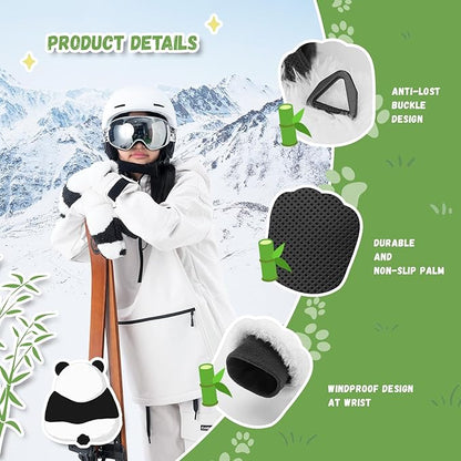 Lyžařské rukavice Qunature Panda Design Rukavice pro děti Věk 4-12 Teplé, zateplené, větruodolné fleecové rukavice Ideální pro zimní aktivity, jako je lyžování Snowboarding Bruslení
