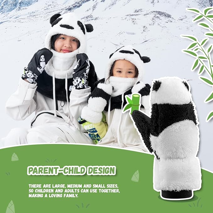 Lyžařské rukavice Qunature Panda Design Rukavice pro děti Věk 4-12 Teplé, zateplené, větruodolné fleecové rukavice Ideální pro zimní aktivity, jako je lyžování Snowboarding Bruslení